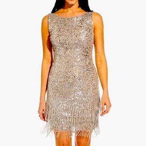 Adrianna Papell Sequined Sleeveless Dress 14W Silver Evening Formal Wedding Gala